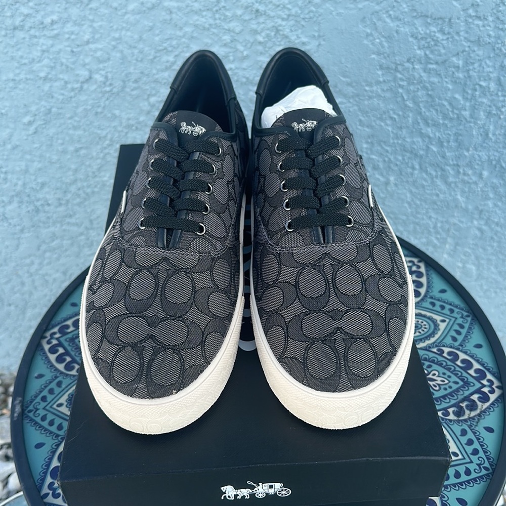 (NEW) Coach Men's Signature Jacquard Leather Lace Up Skate Sneaker BLACK
